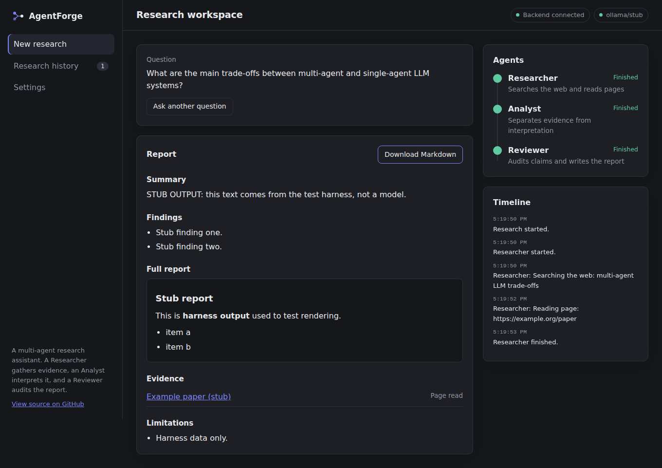 AgentForge workspace after a run, showing a report with summary, findings, evidence links and limitations.